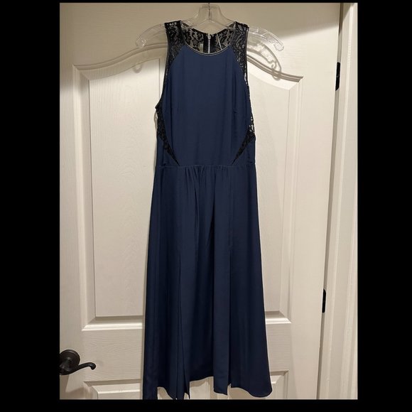 NWT - Rebecca Taylor - Navy Blue Maxi Dress w/ black leather & lace trim Size: 4 - Picture 1 of 7